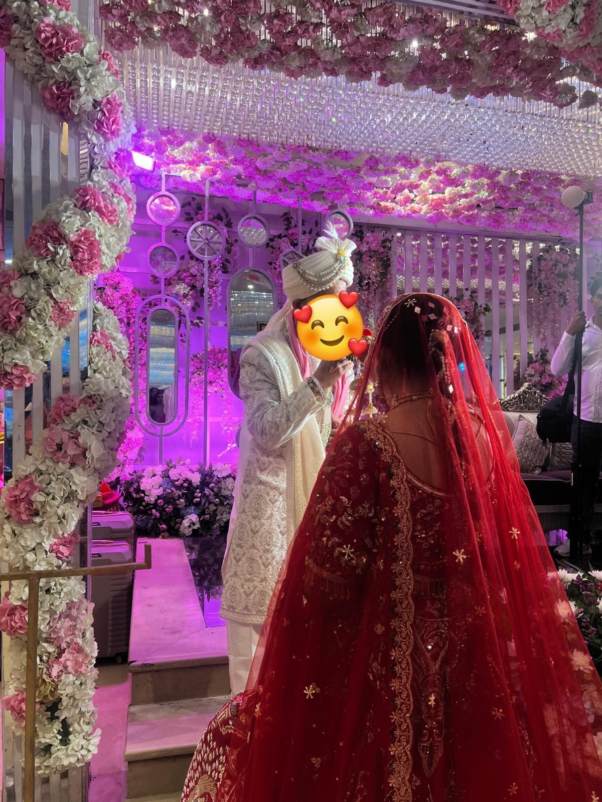 Arya Samaj Marriage Mandap decoration Delhi with floral arch and pink lighting — wedding hall venue